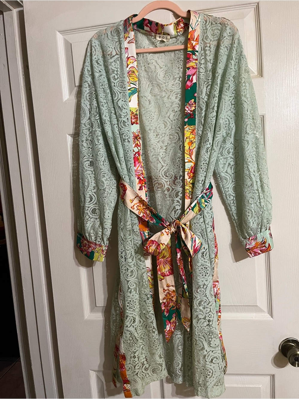 POL Mint Green Lace Kimono Coat with Floral Trim - Picture 4 of 8